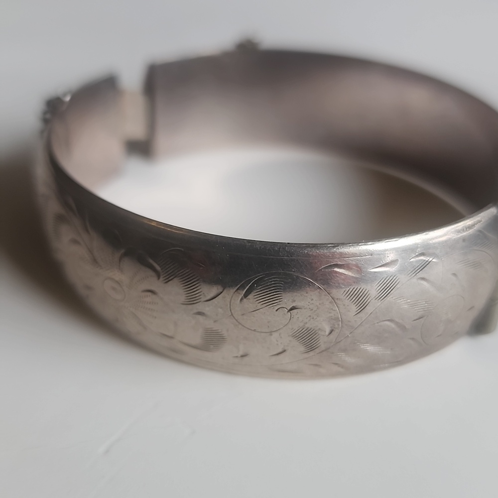 Forstner Sterling Marked Bangle Floral Hinged Bracelet With Security Chain